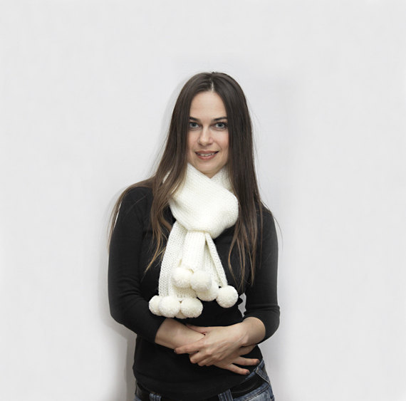 White Knitted Scarf with Pompons