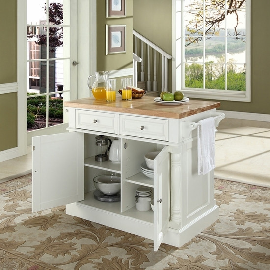 Butcher Block Cutting Board Top Kitchen Island in White Finish