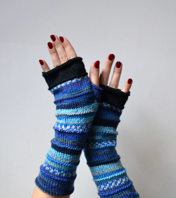 Blue Fingerless Gloves Gift Merino Wool Fingerless